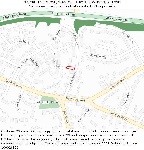 37, GRUNDLE CLOSE, STANTON, BURY ST EDMUNDS, IP31 2XD: Location map and indicative extent of plot