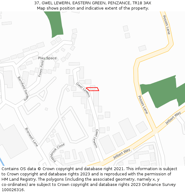 37, GWEL LEWERN, EASTERN GREEN, PENZANCE, TR18 3AX: Location map and indicative extent of plot
