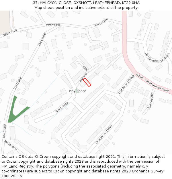 37, HALCYON CLOSE, OXSHOTT, LEATHERHEAD, KT22 0HA: Location map and indicative extent of plot