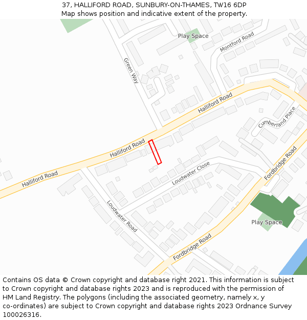 37, HALLIFORD ROAD, SUNBURY-ON-THAMES, TW16 6DP: Location map and indicative extent of plot