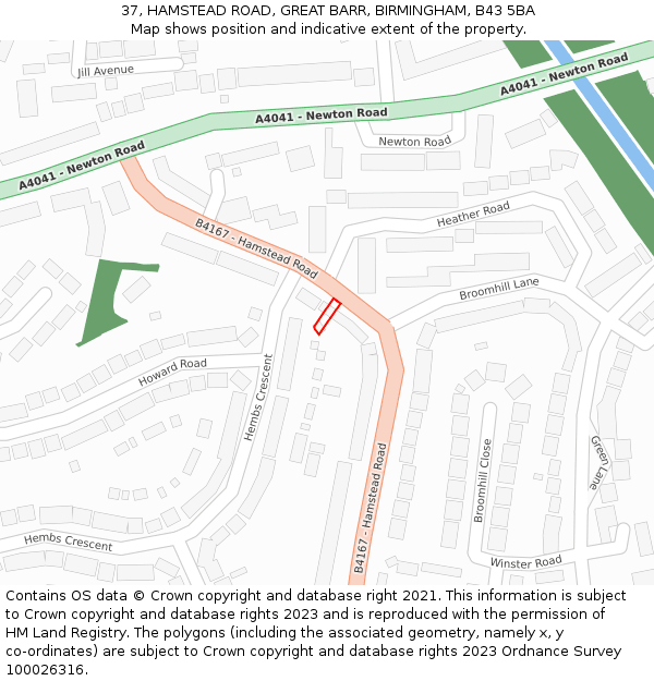 37, HAMSTEAD ROAD, GREAT BARR, BIRMINGHAM, B43 5BA: Location map and indicative extent of plot