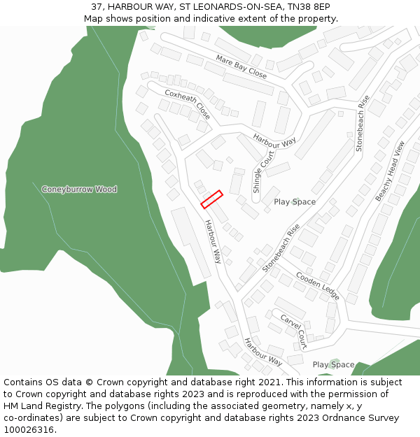 37, HARBOUR WAY, ST LEONARDS-ON-SEA, TN38 8EP: Location map and indicative extent of plot
