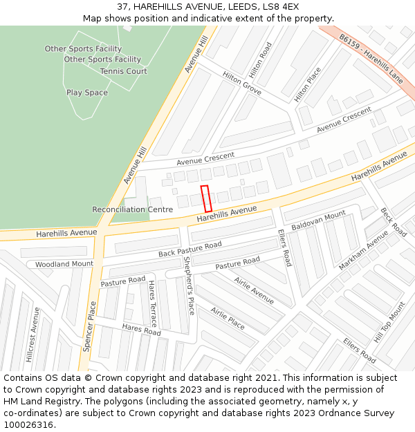 37, HAREHILLS AVENUE, LEEDS, LS8 4EX: Location map and indicative extent of plot
