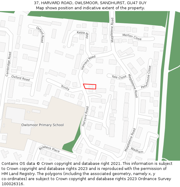 37, HARVARD ROAD, OWLSMOOR, SANDHURST, GU47 0UY: Location map and indicative extent of plot