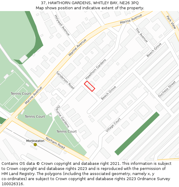 37, HAWTHORN GARDENS, WHITLEY BAY, NE26 3PQ: Location map and indicative extent of plot