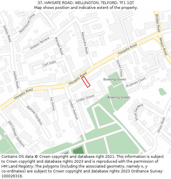 37, HAYGATE ROAD, WELLINGTON, TELFORD, TF1 1QT: Location map and indicative extent of plot