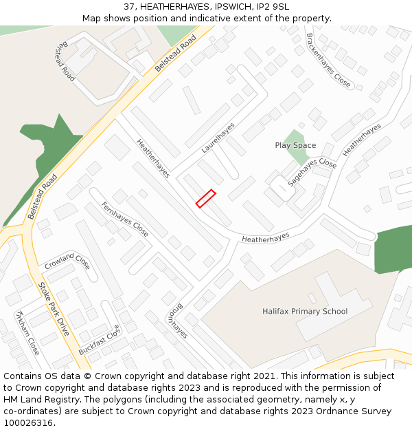 37, HEATHERHAYES, IPSWICH, IP2 9SL: Location map and indicative extent of plot