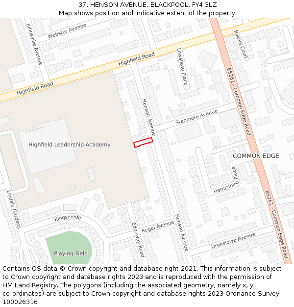 37, HENSON AVENUE, BLACKPOOL, FY4 3LZ: Location map and indicative extent of plot
