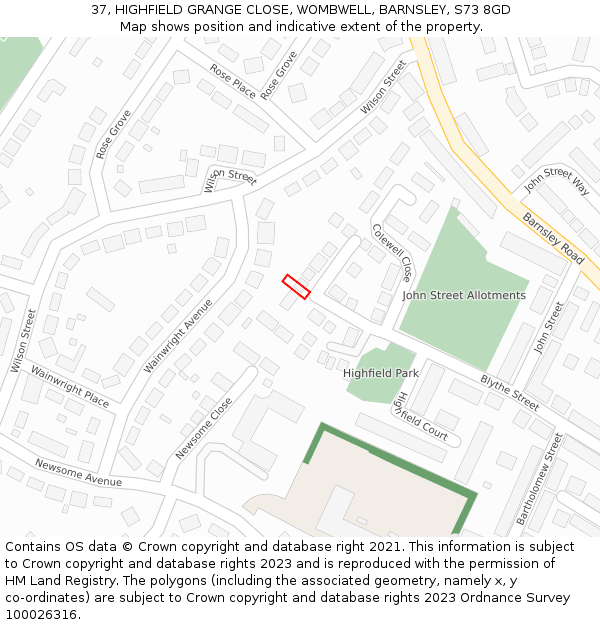 37, HIGHFIELD GRANGE CLOSE, WOMBWELL, BARNSLEY, S73 8GD: Location map and indicative extent of plot