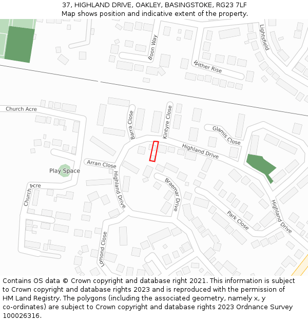 37, HIGHLAND DRIVE, OAKLEY, BASINGSTOKE, RG23 7LF: Location map and indicative extent of plot