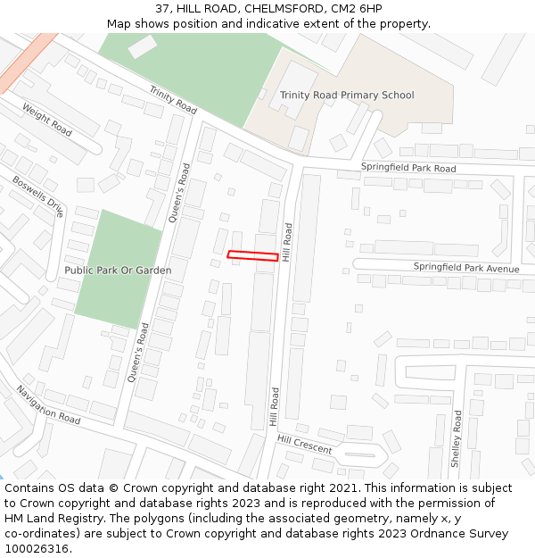 37, HILL ROAD, CHELMSFORD, CM2 6HP: Location map and indicative extent of plot