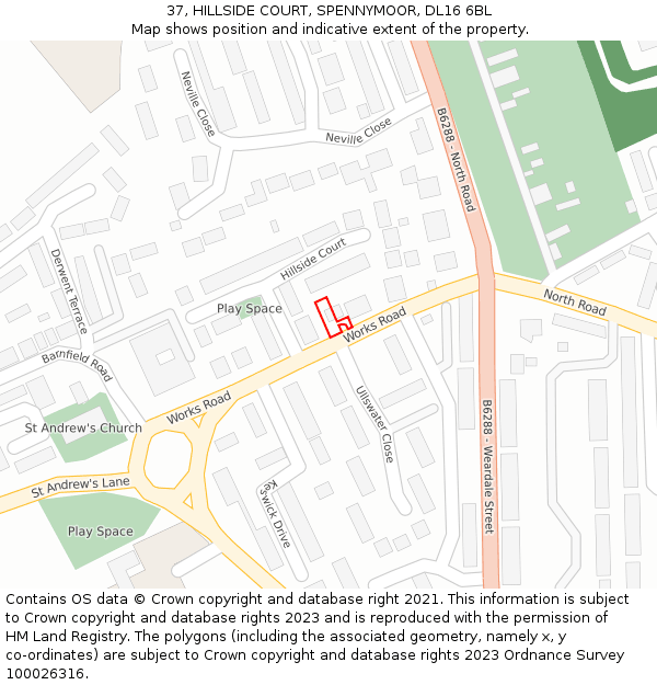 37, HILLSIDE COURT, SPENNYMOOR, DL16 6BL: Location map and indicative extent of plot