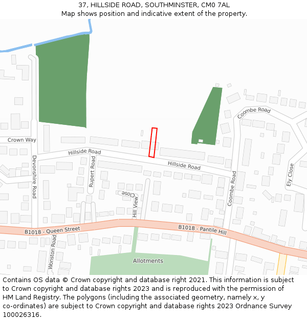37, HILLSIDE ROAD, SOUTHMINSTER, CM0 7AL: Location map and indicative extent of plot