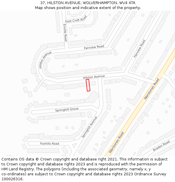 37, HILSTON AVENUE, WOLVERHAMPTON, WV4 4TA: Location map and indicative extent of plot