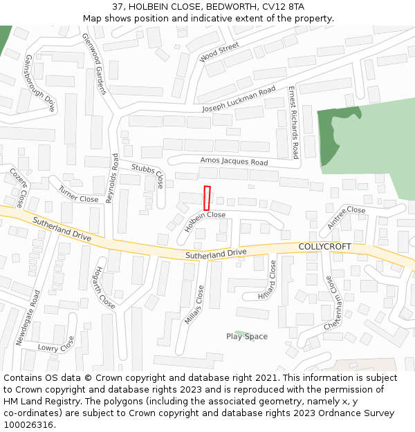 37, HOLBEIN CLOSE, BEDWORTH, CV12 8TA: Location map and indicative extent of plot