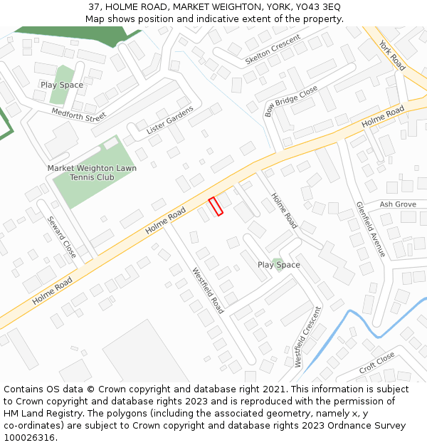 37, HOLME ROAD, MARKET WEIGHTON, YORK, YO43 3EQ: Location map and indicative extent of plot