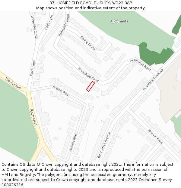 37, HOMEFIELD ROAD, BUSHEY, WD23 3AP: Location map and indicative extent of plot