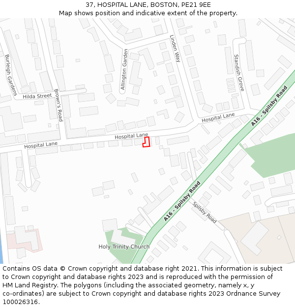 37, HOSPITAL LANE, BOSTON, PE21 9EE: Location map and indicative extent of plot