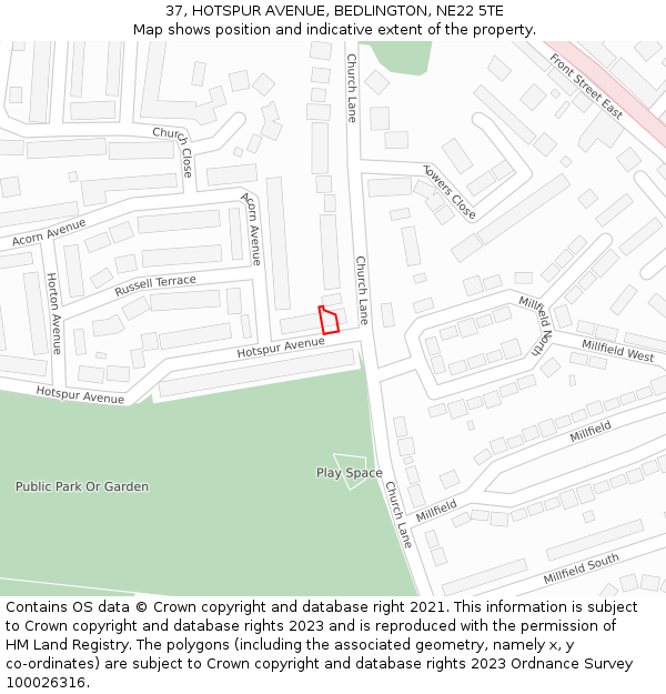 37, HOTSPUR AVENUE, BEDLINGTON, NE22 5TE: Location map and indicative extent of plot