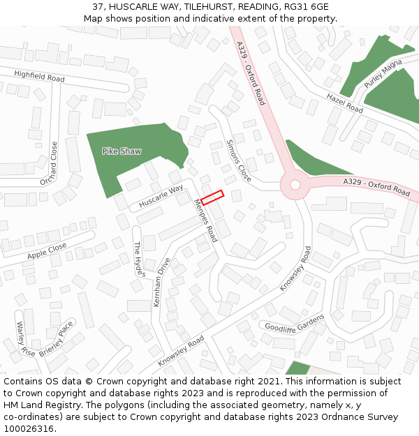 37, HUSCARLE WAY, TILEHURST, READING, RG31 6GE: Location map and indicative extent of plot