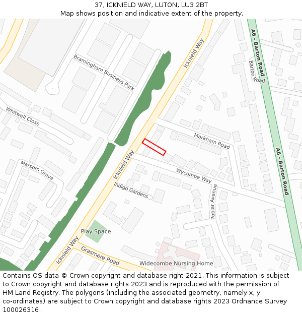37, ICKNIELD WAY, LUTON, LU3 2BT: Location map and indicative extent of plot