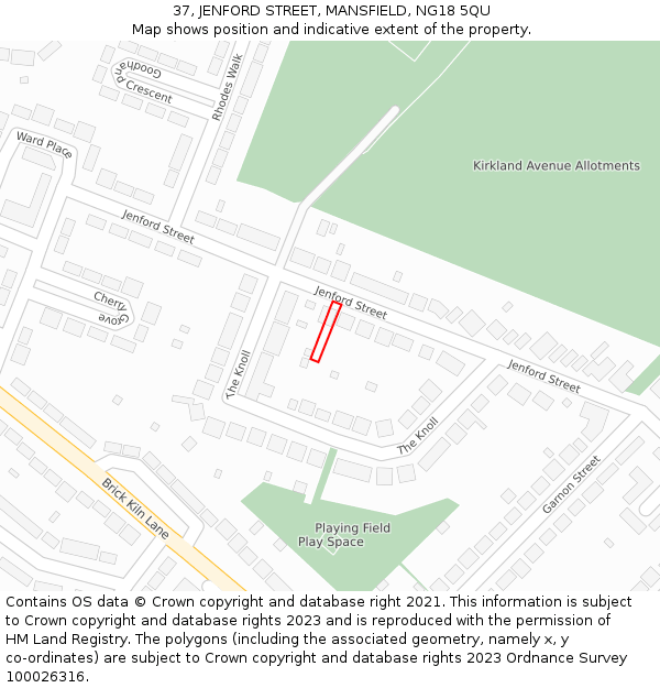 37, JENFORD STREET, MANSFIELD, NG18 5QU: Location map and indicative extent of plot