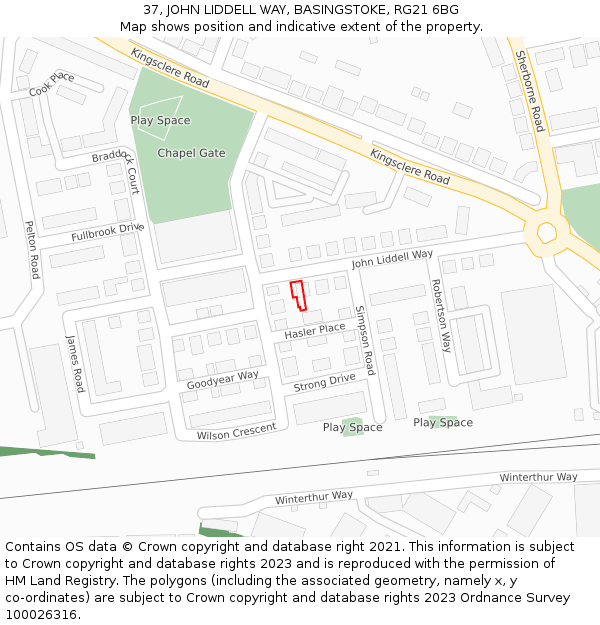 37, JOHN LIDDELL WAY, BASINGSTOKE, RG21 6BG: Location map and indicative extent of plot