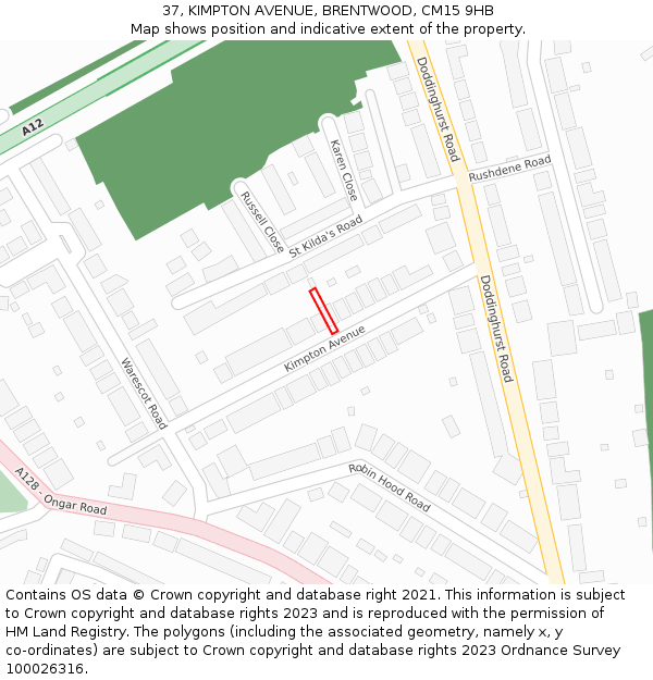 37, KIMPTON AVENUE, BRENTWOOD, CM15 9HB: Location map and indicative extent of plot