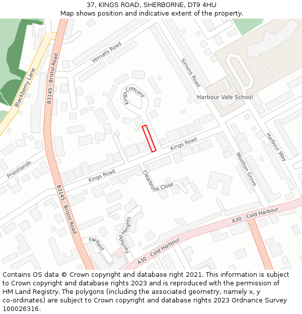 37, KINGS ROAD, SHERBORNE, DT9 4HU: Location map and indicative extent of plot
