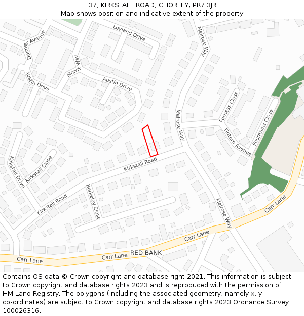 37, KIRKSTALL ROAD, CHORLEY, PR7 3JR: Location map and indicative extent of plot