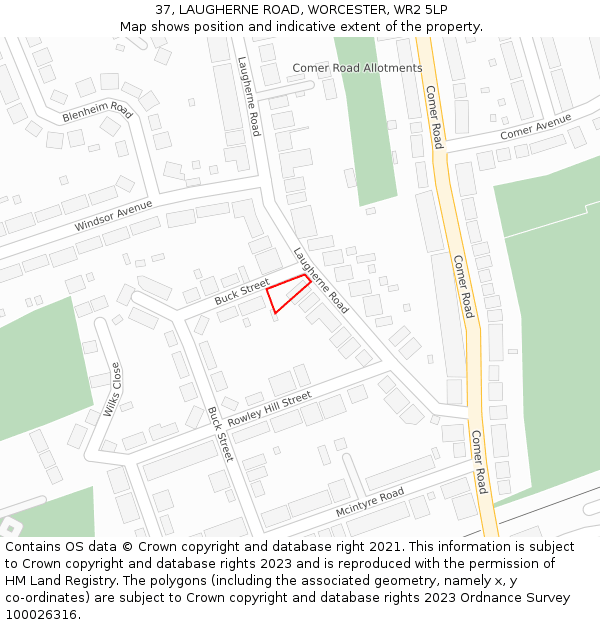 37, LAUGHERNE ROAD, WORCESTER, WR2 5LP: Location map and indicative extent of plot
