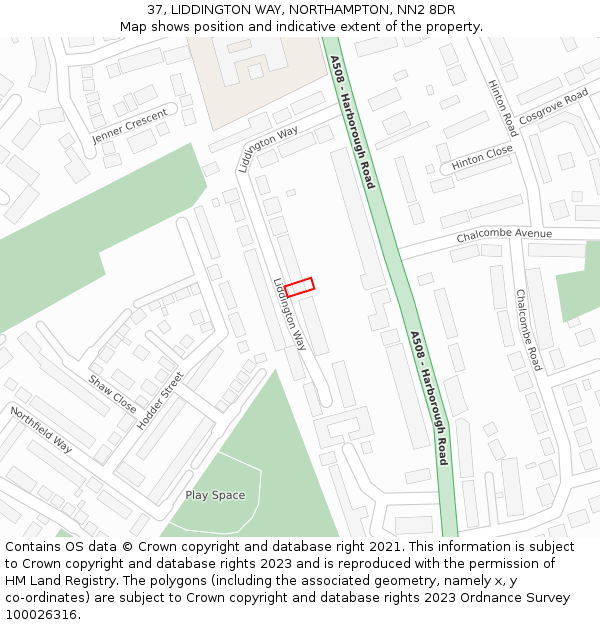 37, LIDDINGTON WAY, NORTHAMPTON, NN2 8DR: Location map and indicative extent of plot