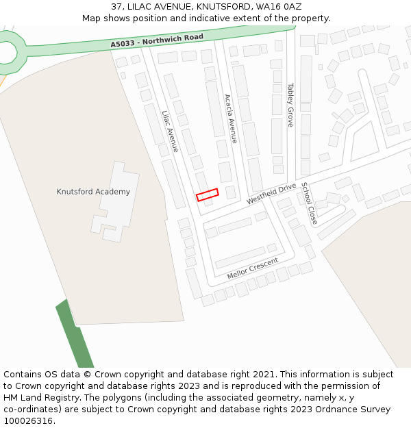 37, LILAC AVENUE, KNUTSFORD, WA16 0AZ: Location map and indicative extent of plot