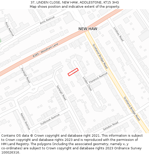 37, LINDEN CLOSE, NEW HAW, ADDLESTONE, KT15 3HG: Location map and indicative extent of plot