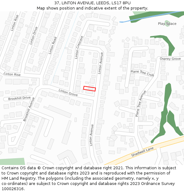 37, LINTON AVENUE, LEEDS, LS17 8PU: Location map and indicative extent of plot