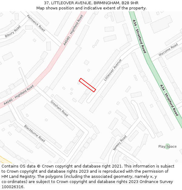 37, LITTLEOVER AVENUE, BIRMINGHAM, B28 9HR: Location map and indicative extent of plot