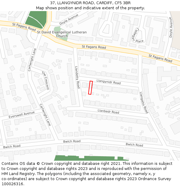 37, LLANGYNIDR ROAD, CARDIFF, CF5 3BR: Location map and indicative extent of plot