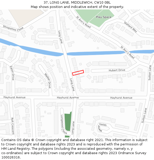 37, LONG LANE, MIDDLEWICH, CW10 0BL: Location map and indicative extent of plot