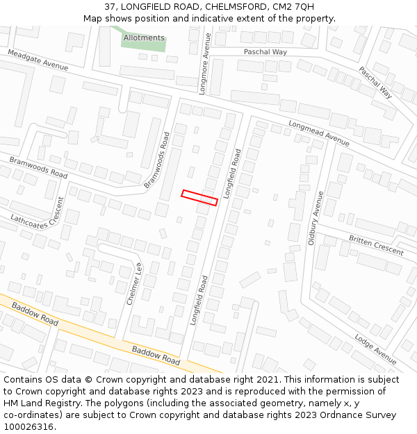 37, LONGFIELD ROAD, CHELMSFORD, CM2 7QH: Location map and indicative extent of plot