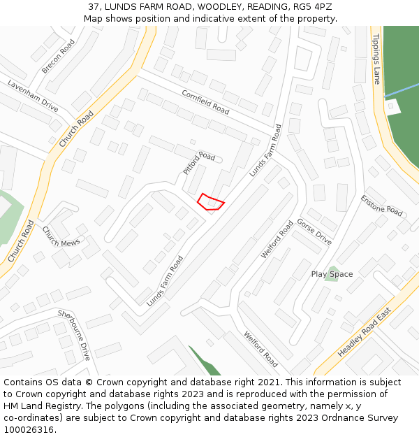 37, LUNDS FARM ROAD, WOODLEY, READING, RG5 4PZ: Location map and indicative extent of plot