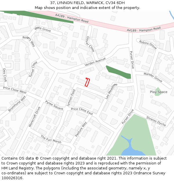 37, LYNNON FIELD, WARWICK, CV34 6DH: Location map and indicative extent of plot