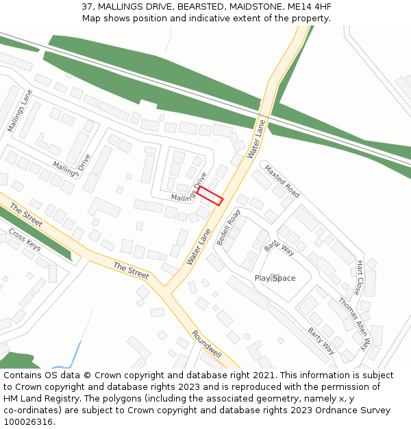 37, MALLINGS DRIVE, BEARSTED, MAIDSTONE, ME14 4HF: Location map and indicative extent of plot