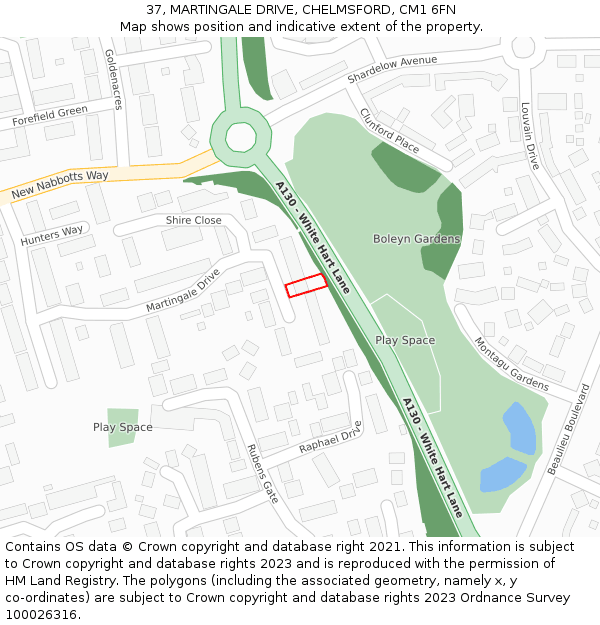 37, MARTINGALE DRIVE, CHELMSFORD, CM1 6FN: Location map and indicative extent of plot