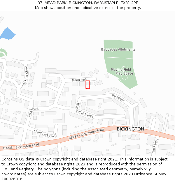 37, MEAD PARK, BICKINGTON, BARNSTAPLE, EX31 2PF: Location map and indicative extent of plot