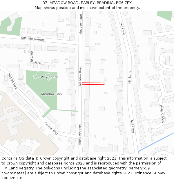 37, MEADOW ROAD, EARLEY, READING, RG6 7EX: Location map and indicative extent of plot