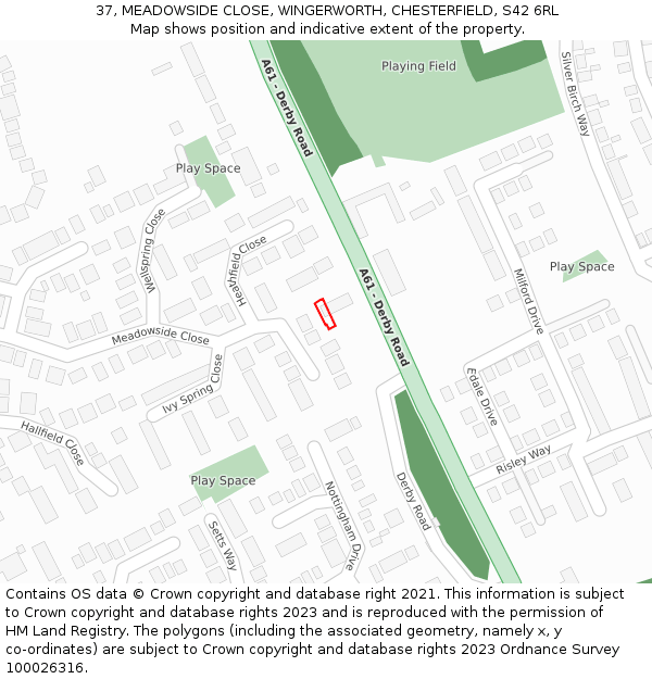 37, MEADOWSIDE CLOSE, WINGERWORTH, CHESTERFIELD, S42 6RL: Location map and indicative extent of plot