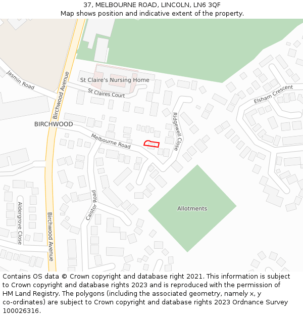 37, MELBOURNE ROAD, LINCOLN, LN6 3QF: Location map and indicative extent of plot