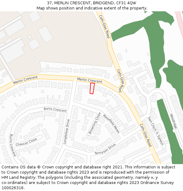 37, MERLIN CRESCENT, BRIDGEND, CF31 4QW: Location map and indicative extent of plot