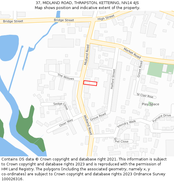 37, MIDLAND ROAD, THRAPSTON, KETTERING, NN14 4JS: Location map and indicative extent of plot