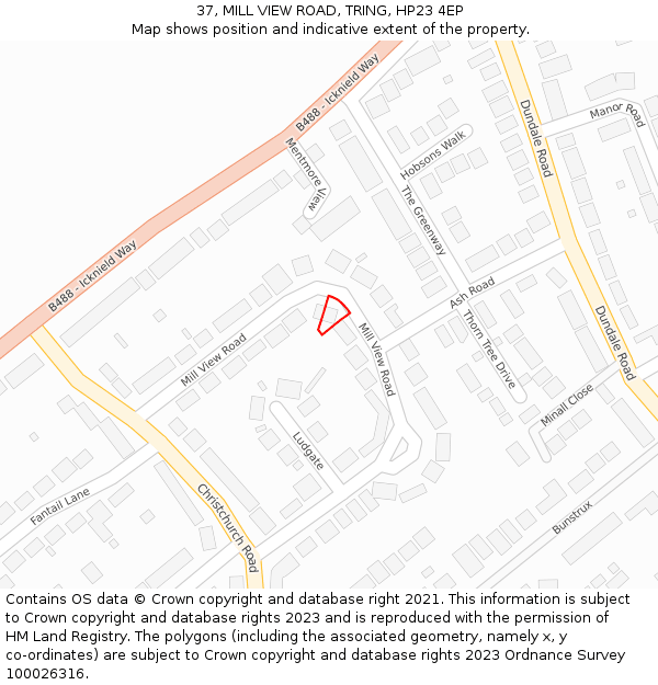 37, MILL VIEW ROAD, TRING, HP23 4EP: Location map and indicative extent of plot